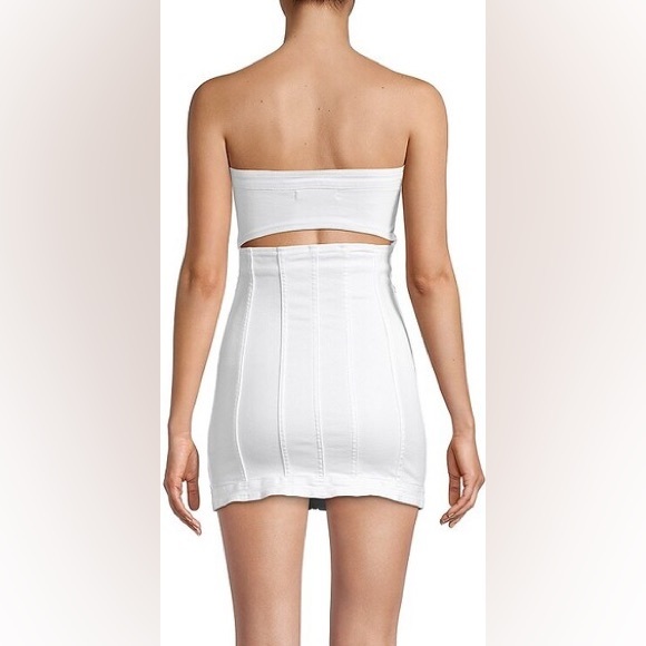 White Denim Zip Front Strapless Panel Dress. - Picture 2 of 7